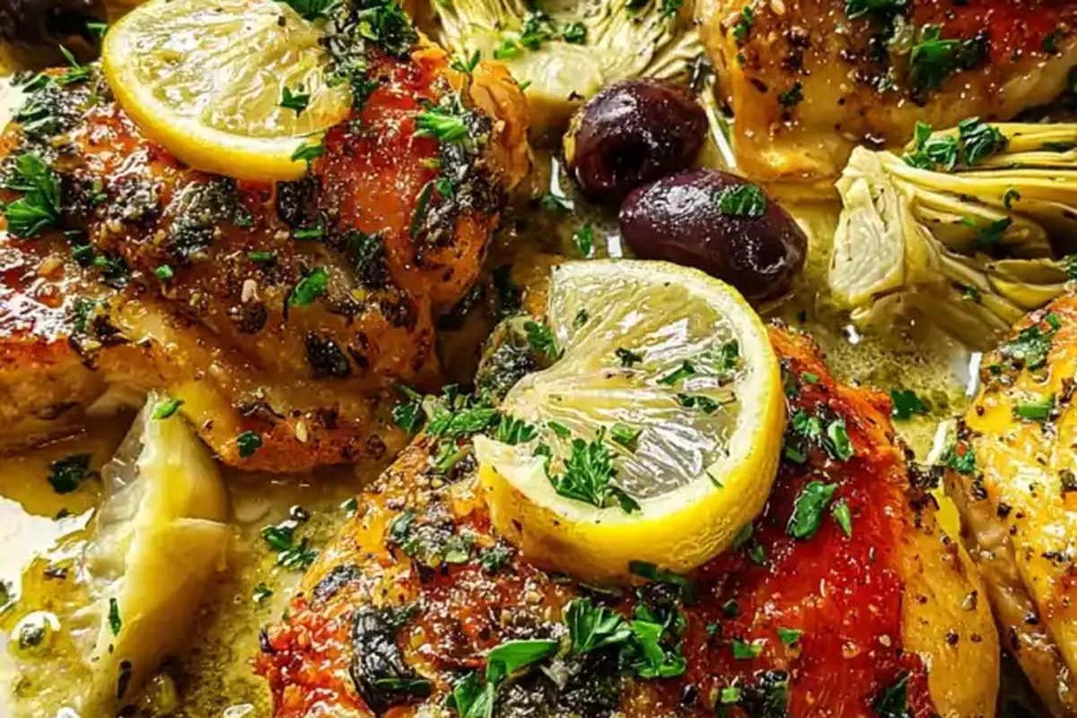 Mediterranean bone-in chicken with artichokes, lemon and olives